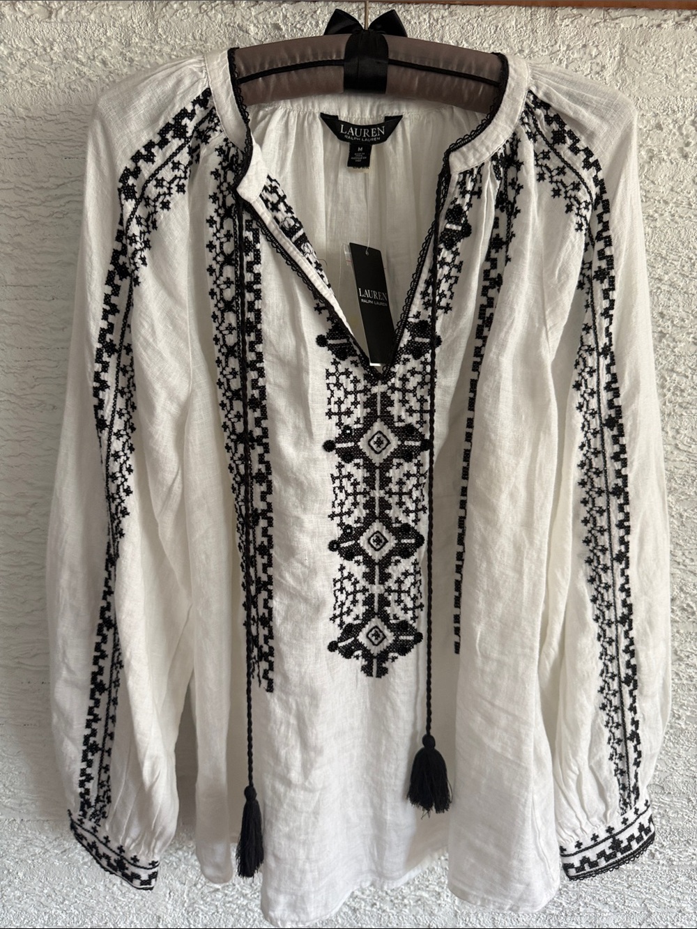 Lauren Ralph Lauren 100% linen White Peasant Blouse with Black embroidery